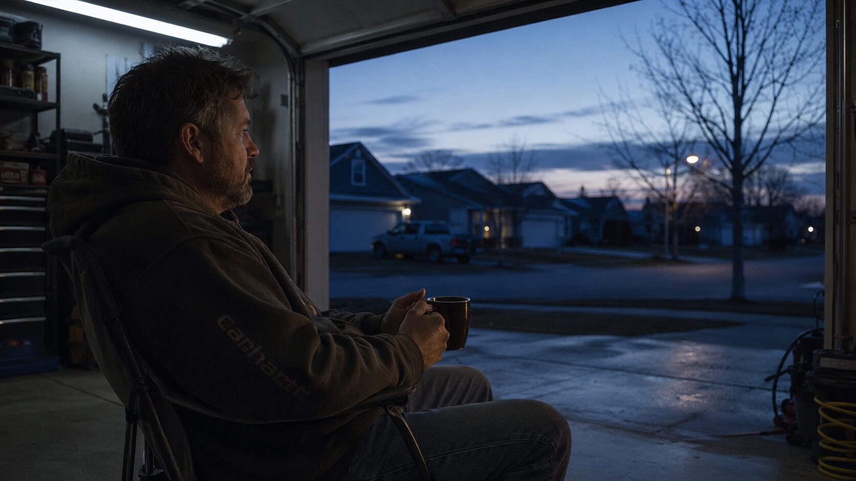 A dad sits in a garage holding a mug at dusk.